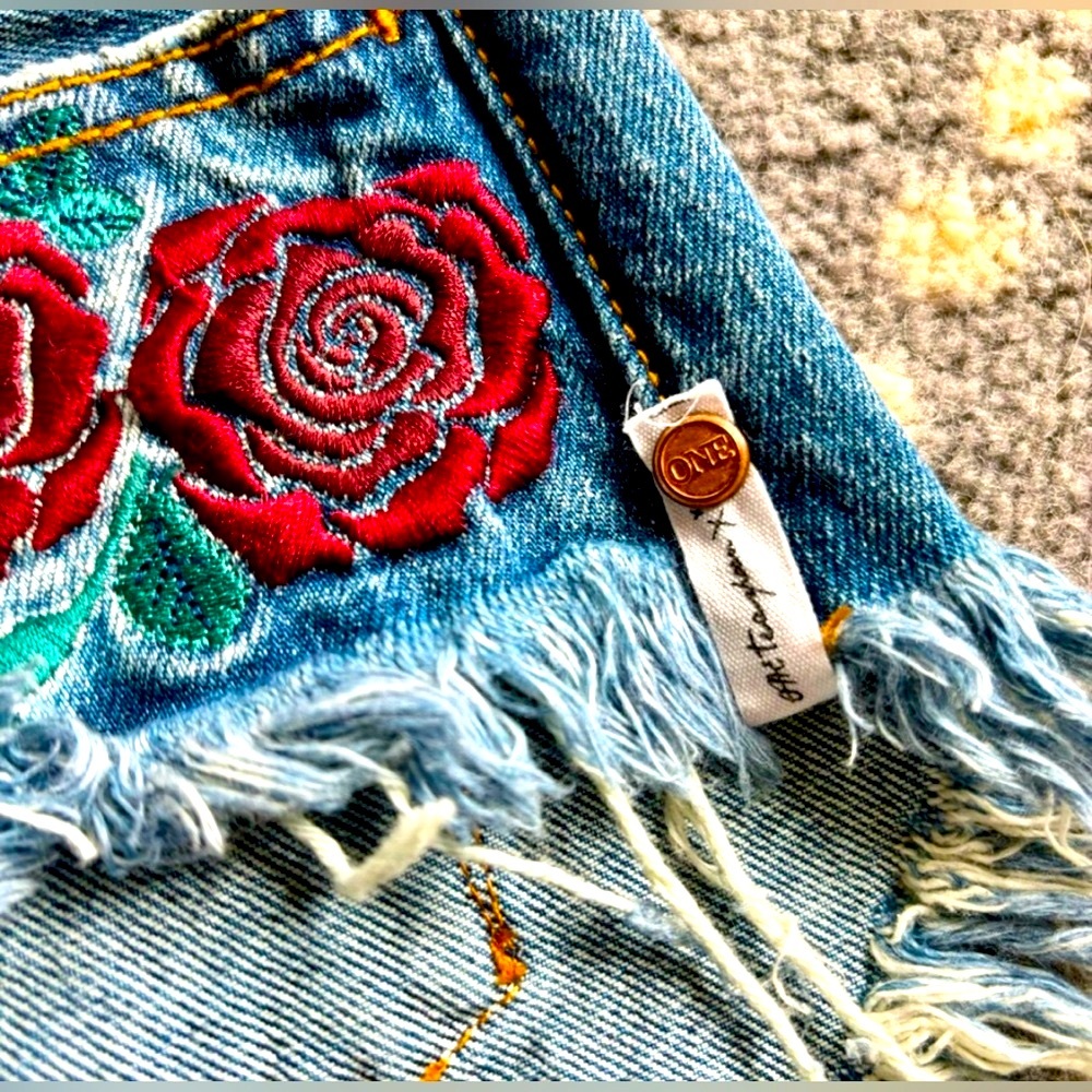 One Teaspoon Embroidered Rose Shorts. “Rollers”. Low waist, long rise, raw hem. - Picture 5 of 9